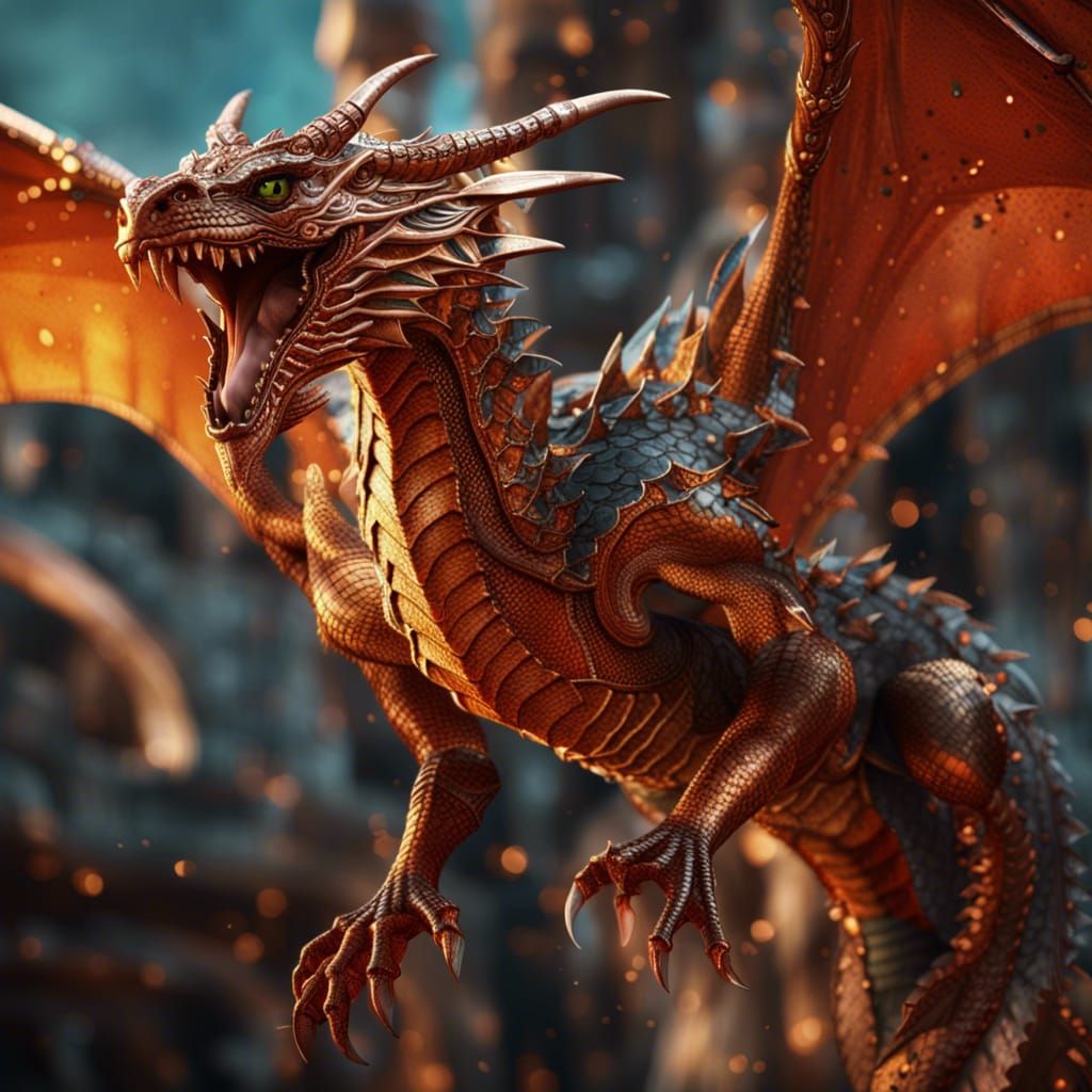 "Flying dragon with shiny copper skin"