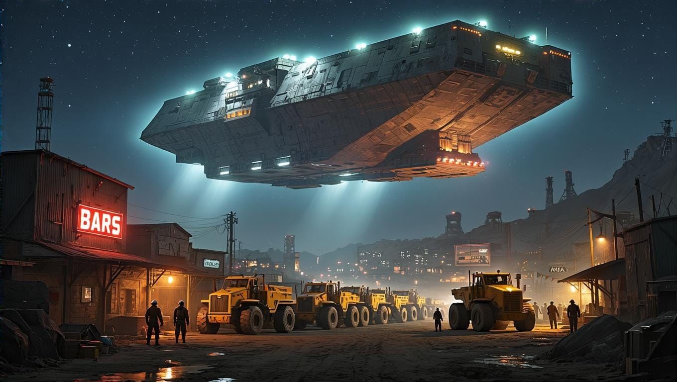 Industrial Space Cargo Ship Dominates Offworld Mining Town