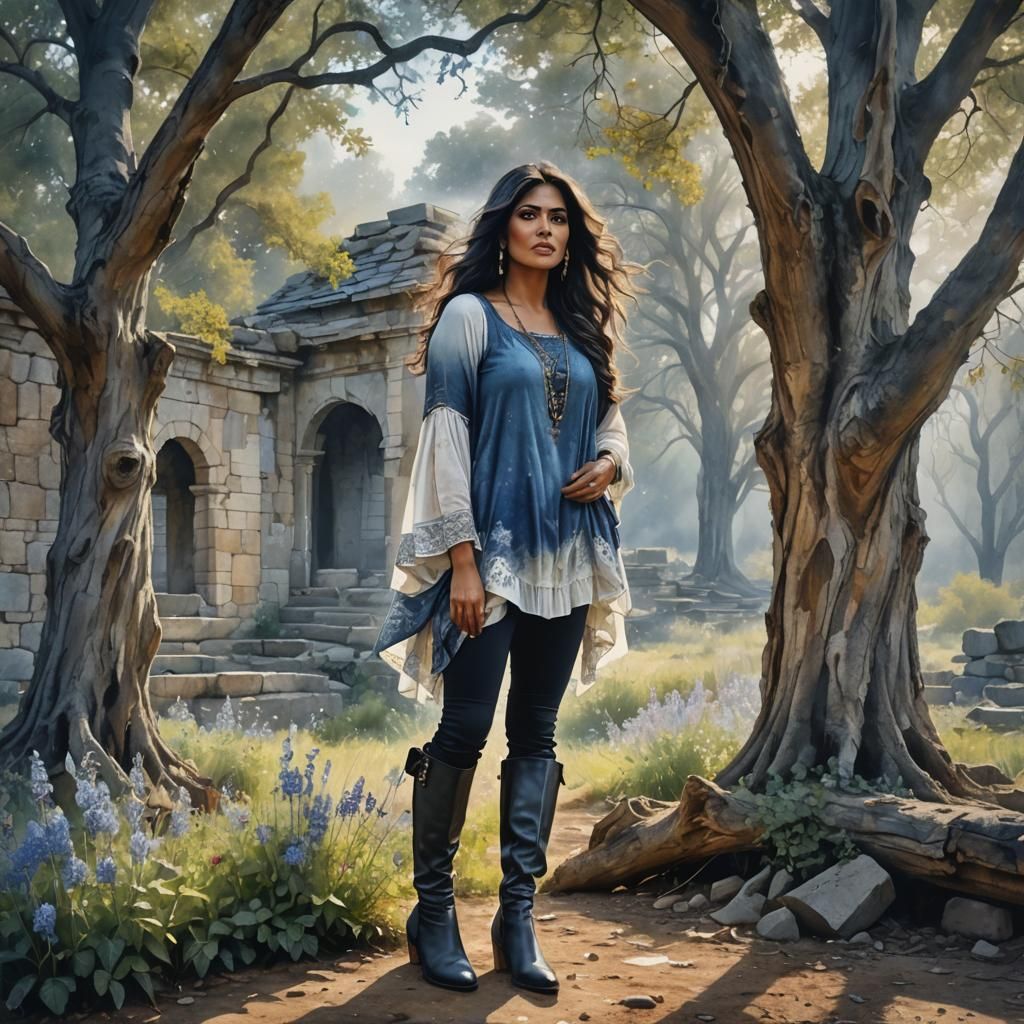 Surreal Watercolor of Indian Woman in Ruins