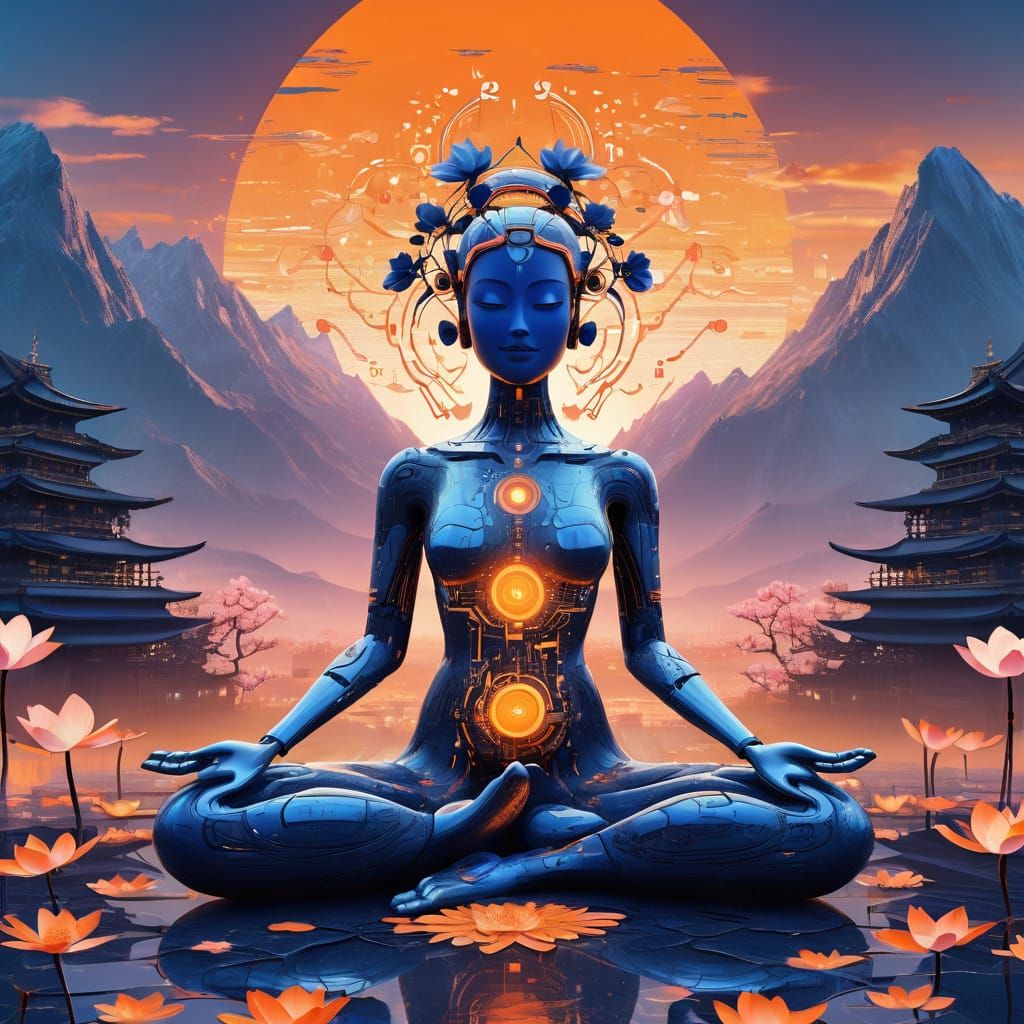 Humanoid Robot in Lotus Pose Meditates Amidst Digital Cyberp...