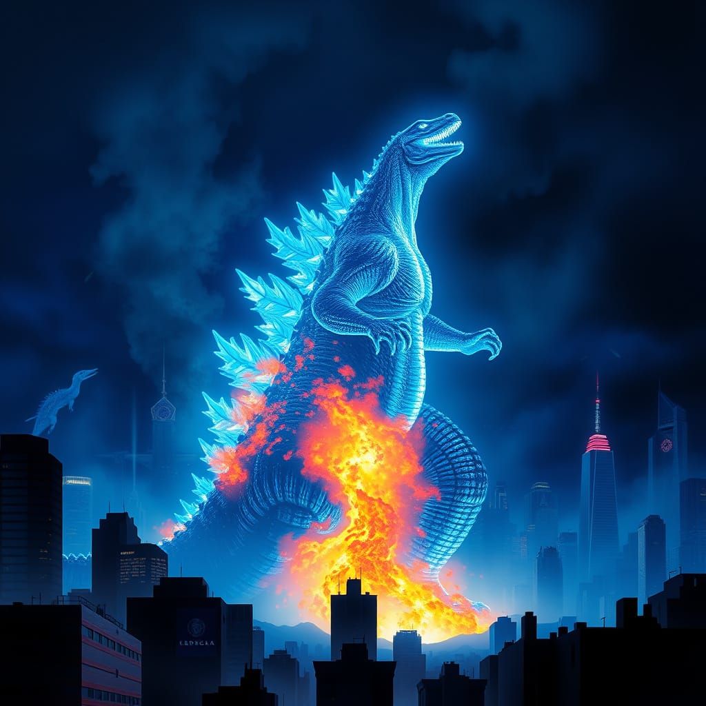 Godzilla in a Fiery, Neon-Lit Cityscape