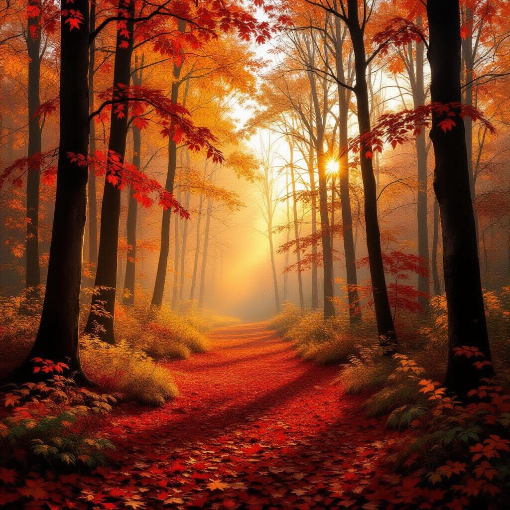 Autumn Forest Mist at Golden Hour in Painterly Style