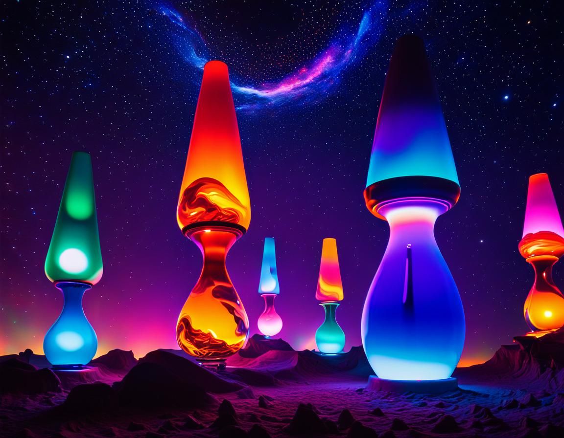 Surreal Cosmic Landscape with Floating Lava Lamps