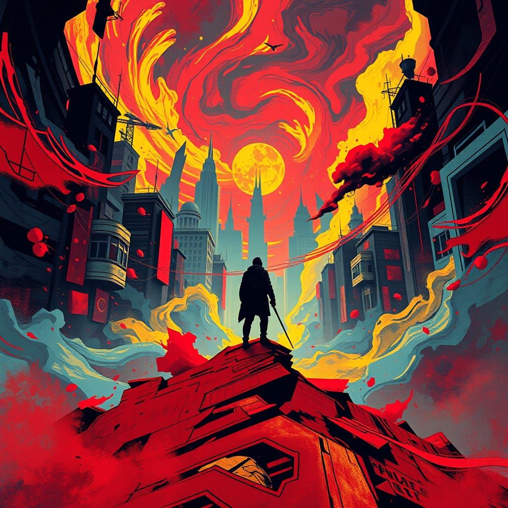 Lone Figure in Chaotic Plague Cityscape, Pop Art Style