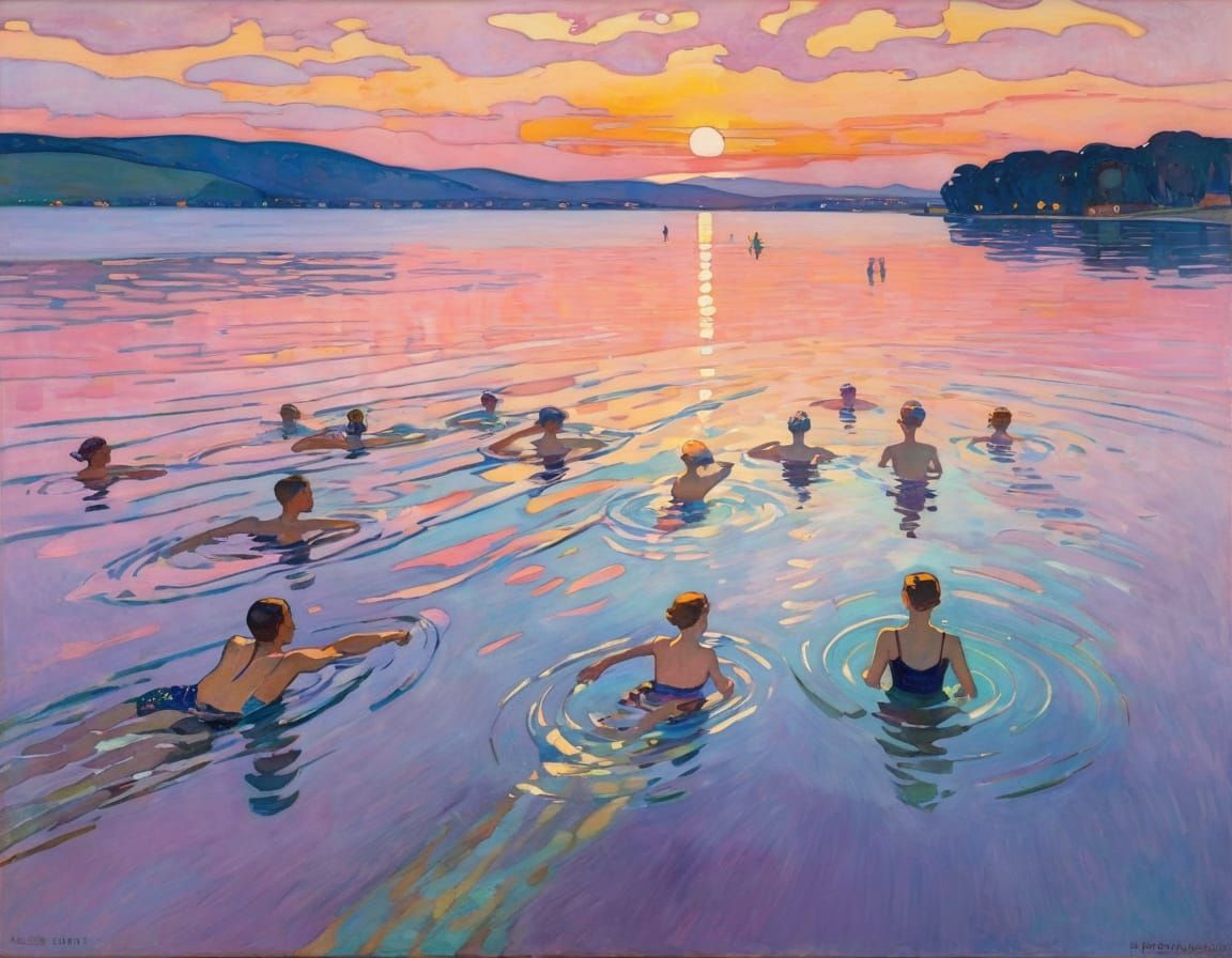 Romantic Swimmers in Vibrant Sunset