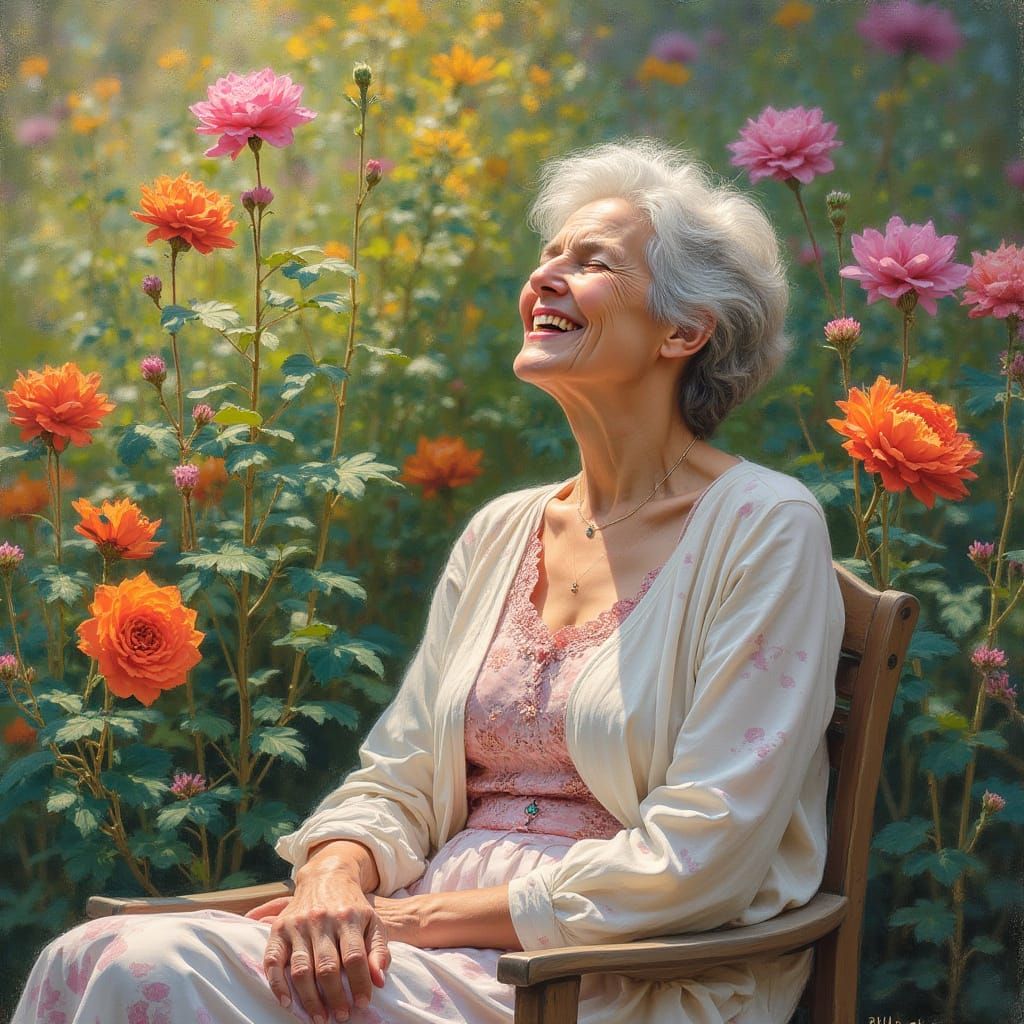Elderly Woman in Serene Garden Scene