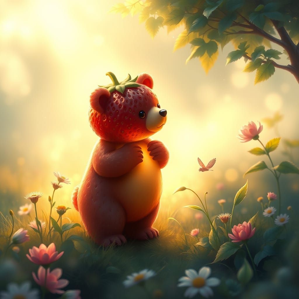 Surreal Strawberry Bear in Whimsical Meadow Scene