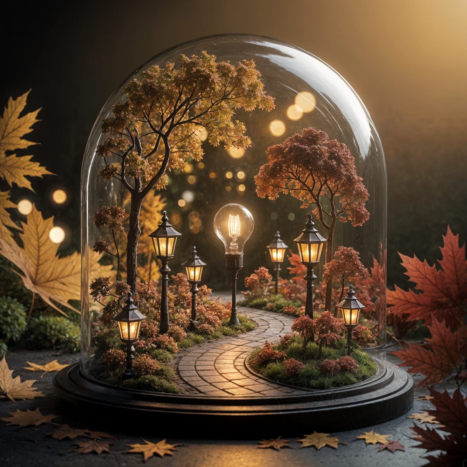Miniature Autumn Park Under Glass Dome with Vintage Lanterns