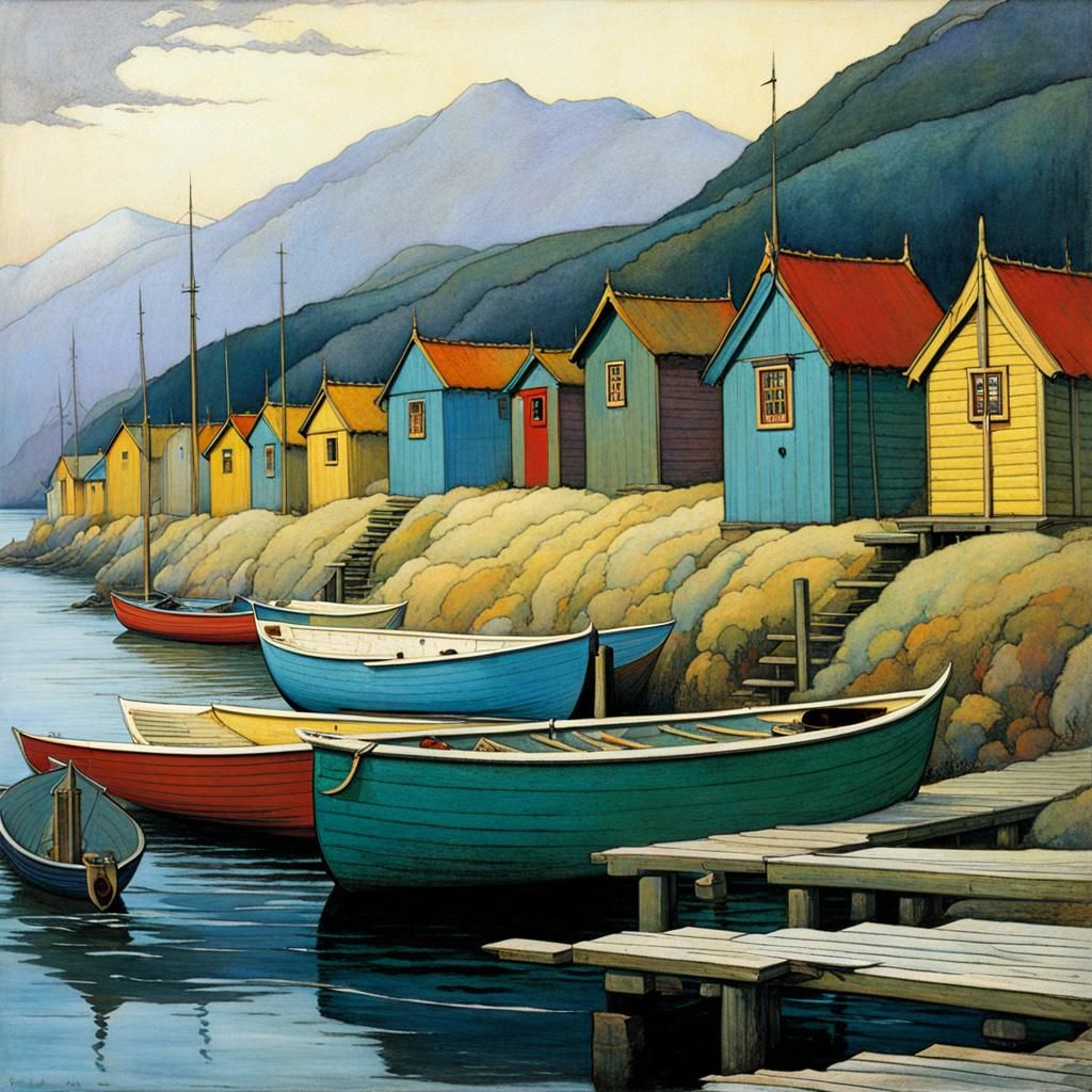 Colorful Fishing Huts in Vintage Art Style