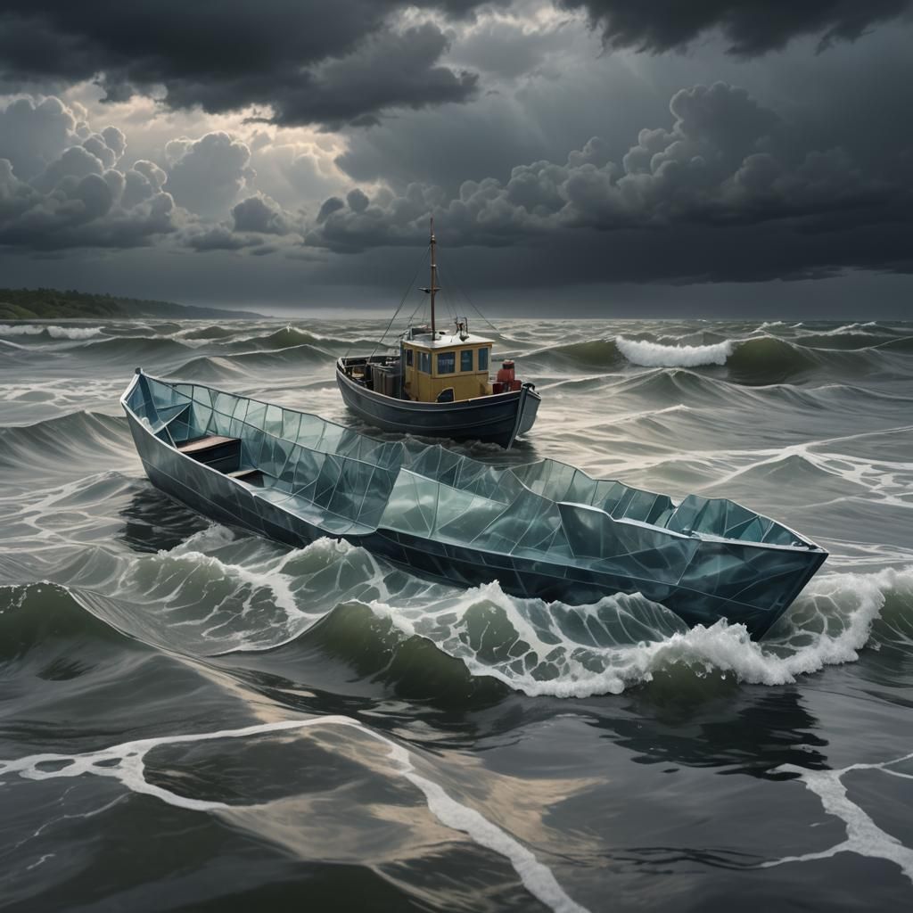 Glass Origami Boat Amidst Stormy Waves