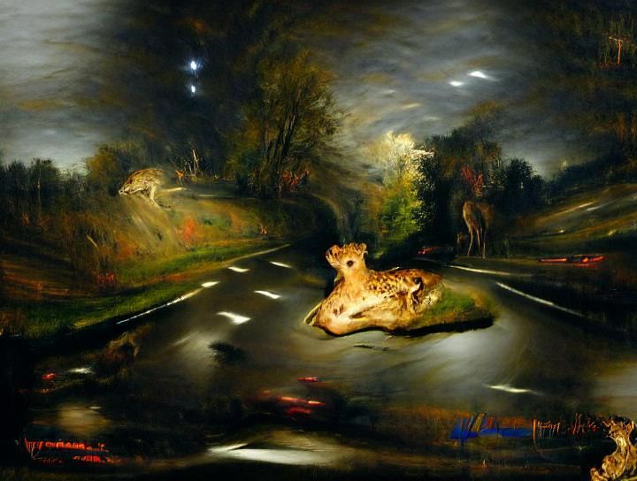 Fawn on Highway at Night in Rembrandt Style