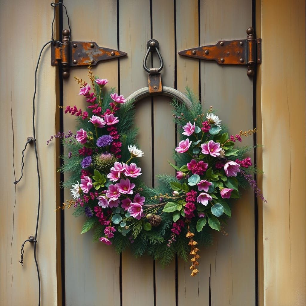 Warm Winter Wreath on Ancient Door in Whimsical Oil Style