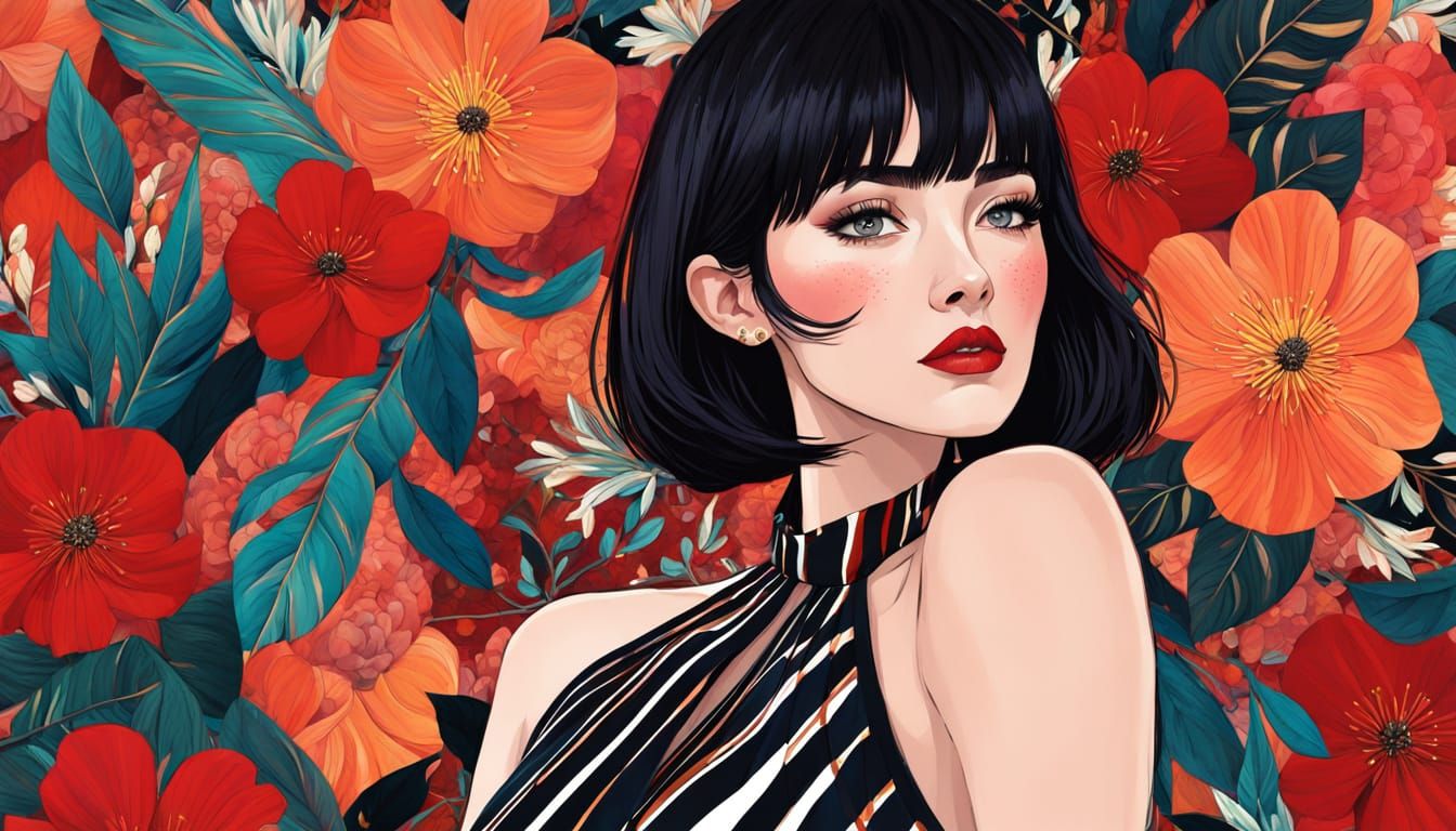 Striking Portrait with Floral Backdrop in Digital Illustrati...