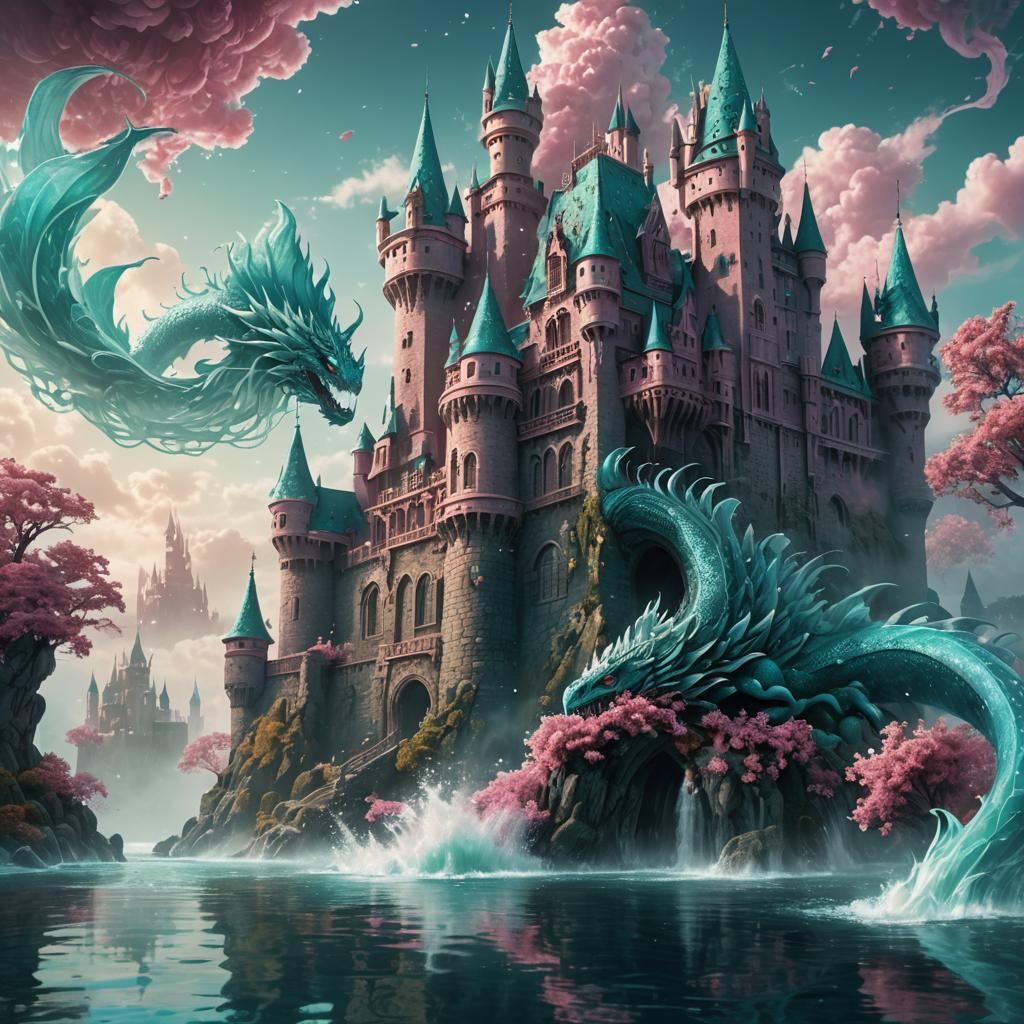 Teal Monster Emerges from Aqua Castle: Anime Art