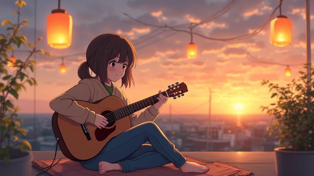 Cozy Rooftop Sunset in Ghibli Anime Style