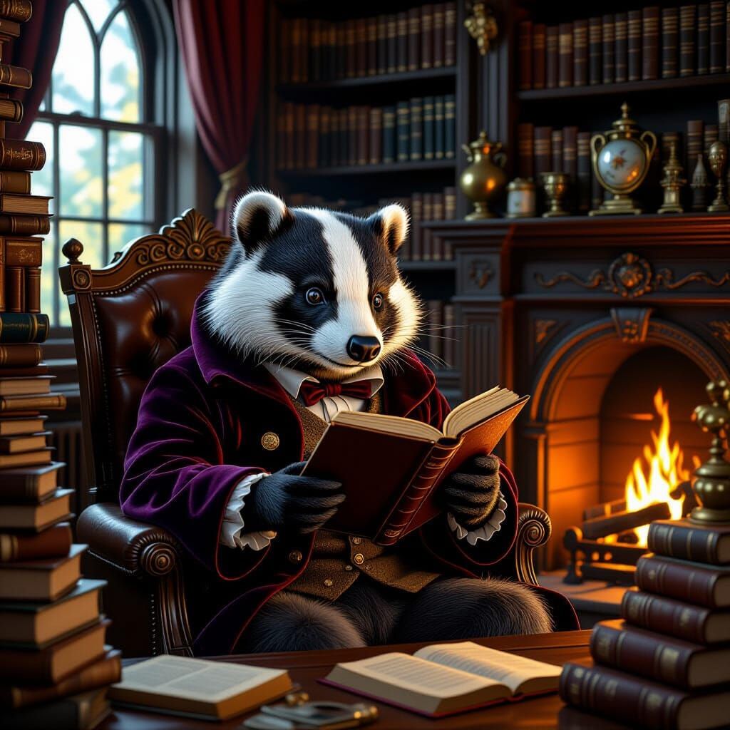 Badger Professor Reading in Cozy Study