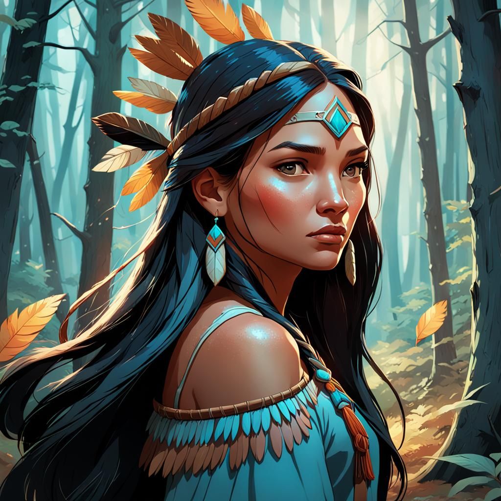 Pocahontas Hunting in Hyperdetailed Forest Portrait