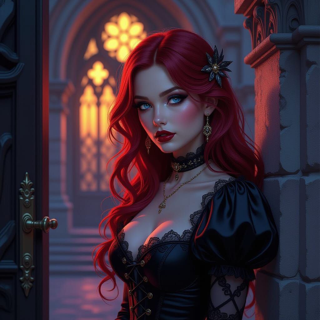 Gothic Woman at Grand Doorway with Ornate Flair