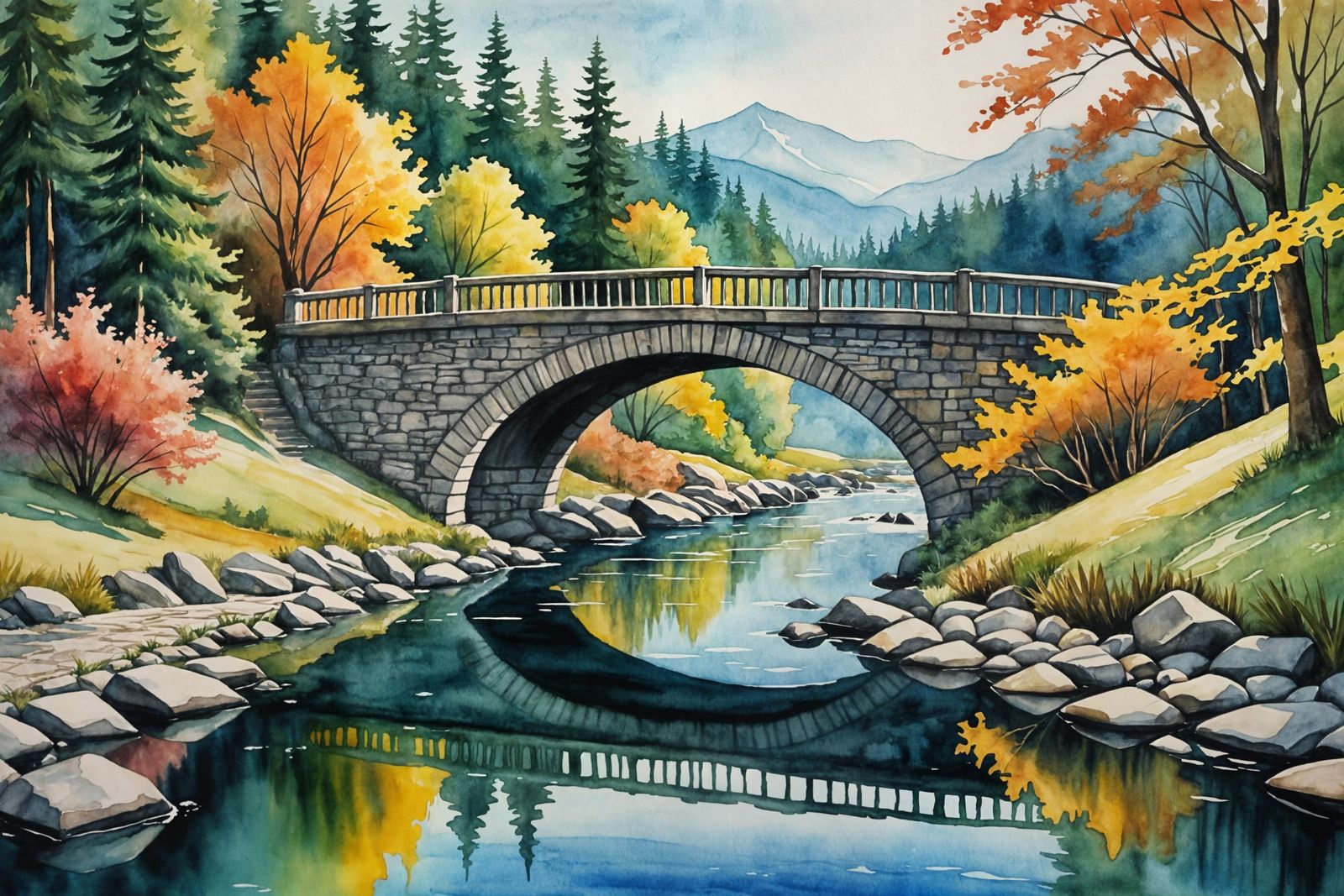 Stylized Watercolor Bridge Over Water