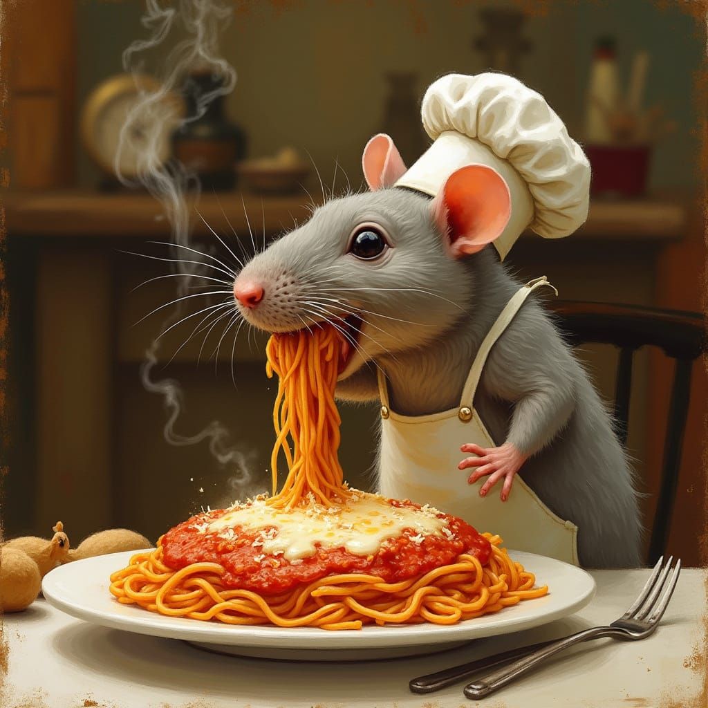 Rat in Chef's Hat Devours Spaghetti in Italian Renaissance S...