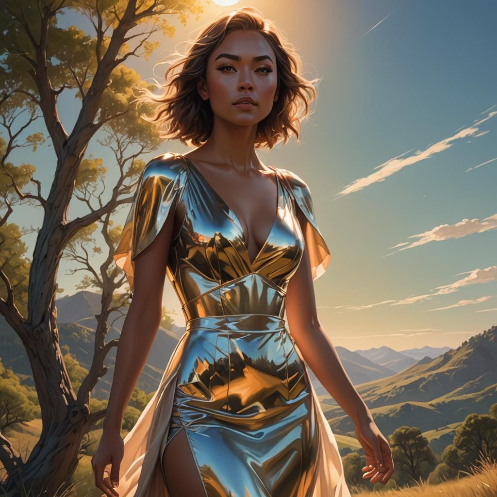 Sunlit Woman in Revealing Dress: Hyper-Realistic Art