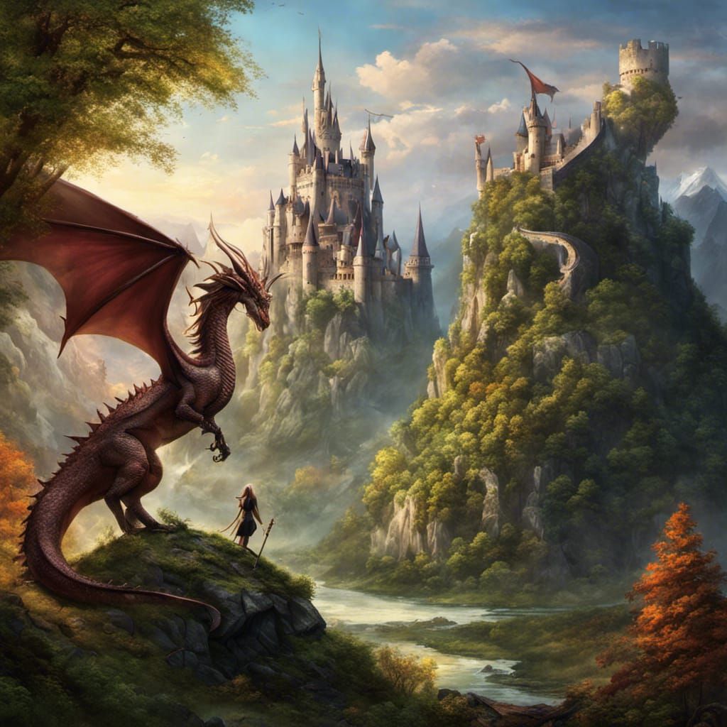 Fantasy Battle Scene with Dragons, Unicorns and Elves