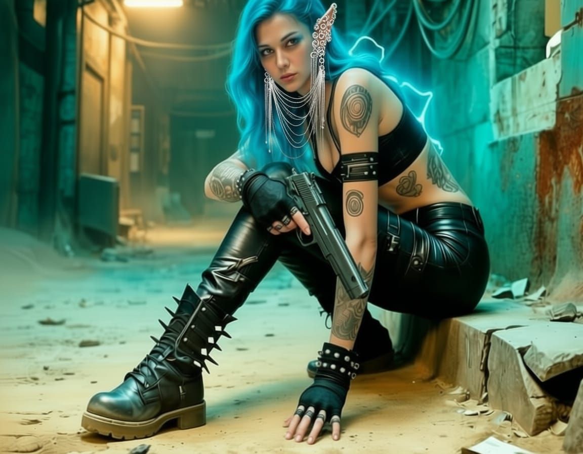 Cyber-Fantasy Elf Woman with Electric Blue Hair in Alley