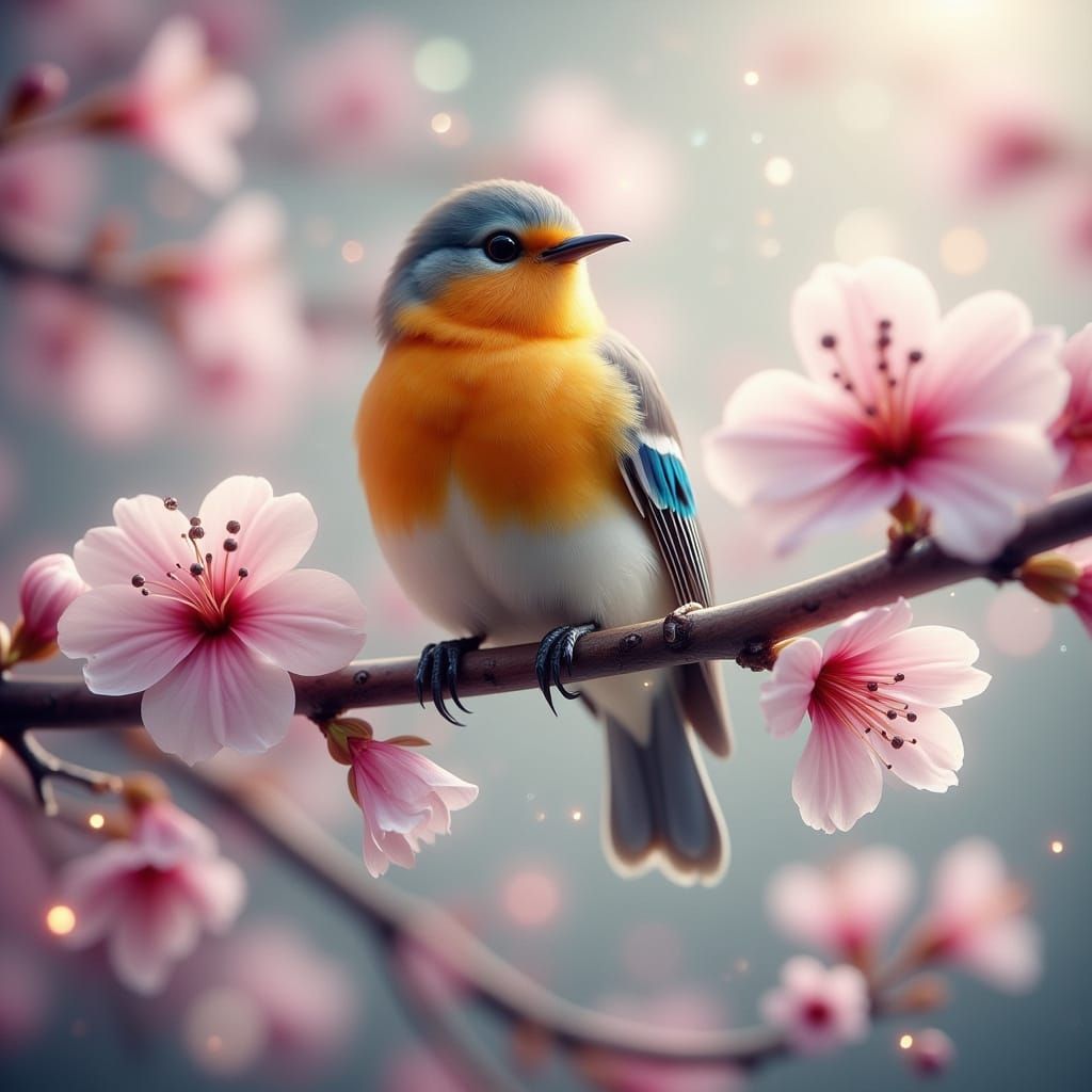 Vibrant Bird Amidst Blooming Cherry Blossoms in Dreamy Fanta...