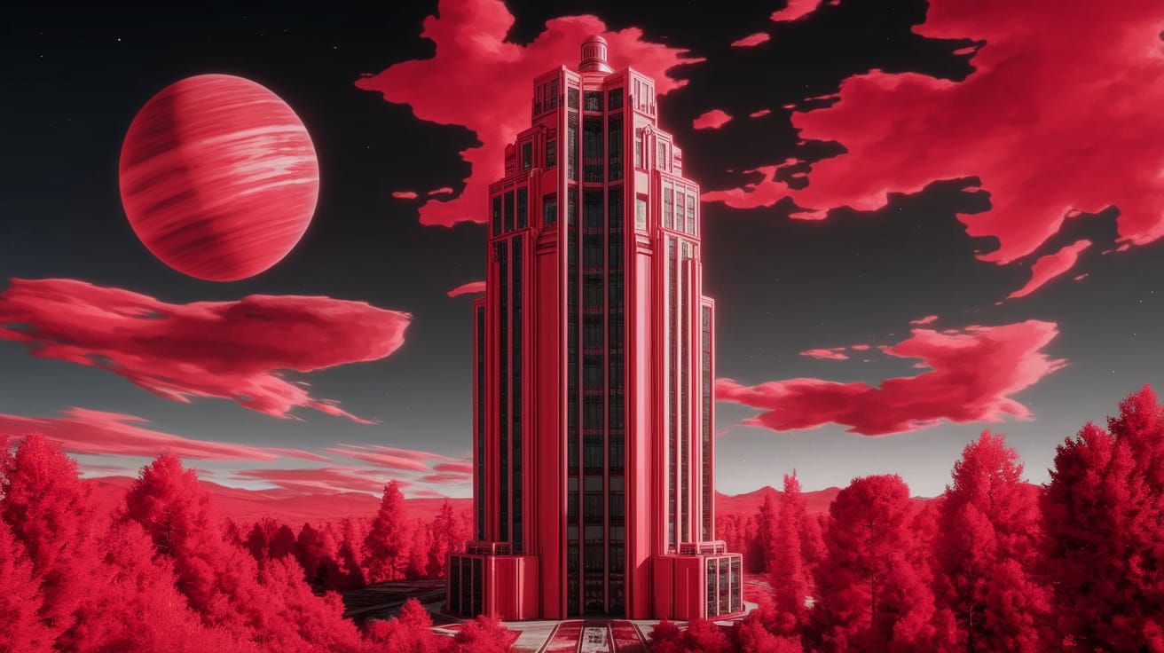 Red Futuristic Skyscraper Amidst a Retro Sci-Fi Landscape