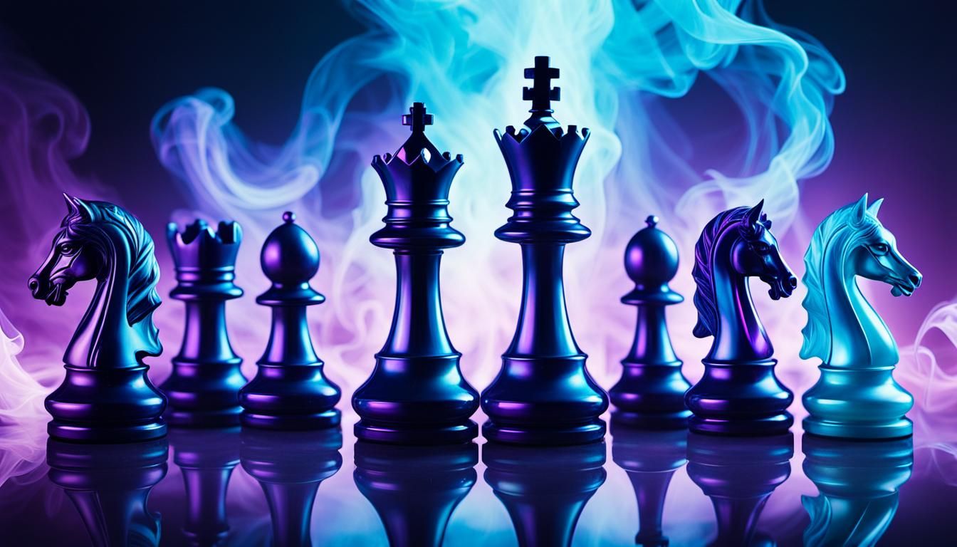 Celestial Chess: Opalescent Pieces Dissolving into Smoke