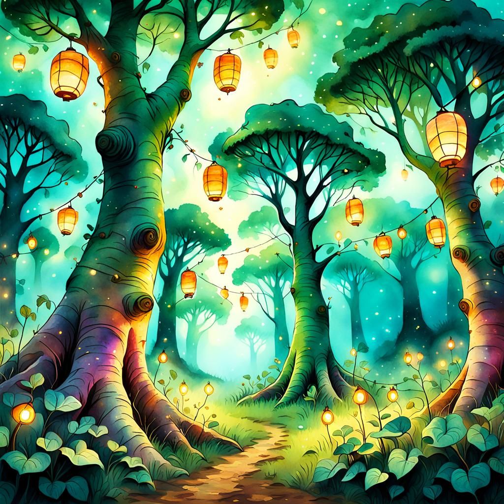 Sweet Potato Trees with Lanterns in Watercolor Meadow