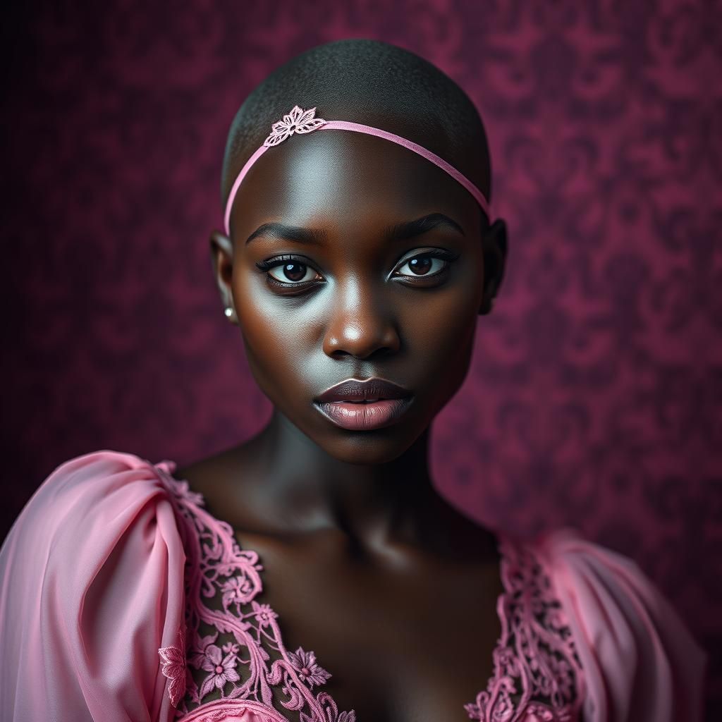 Bald Woman in Pink Lace Dress: Fine Art Portrait