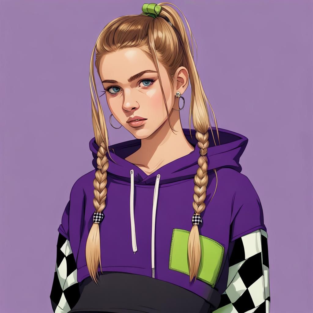 Teenage Girl in Purple Hoodie with Lime Bow