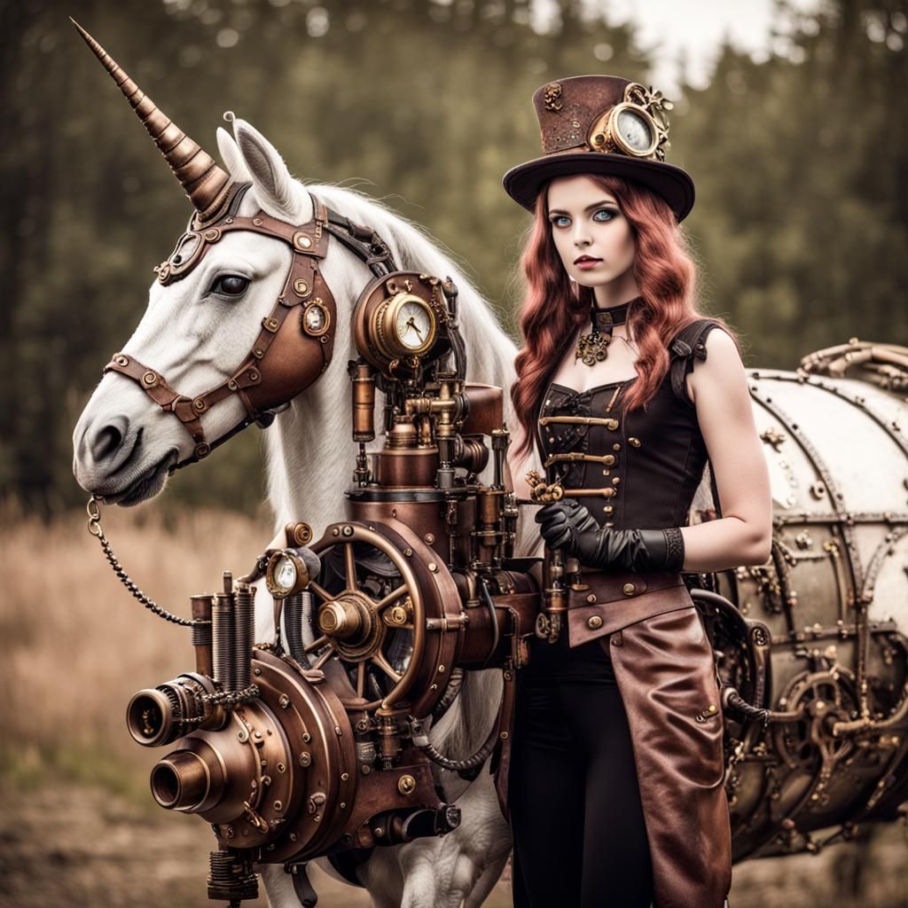 Steampunk Princess and Unicorn with Engine