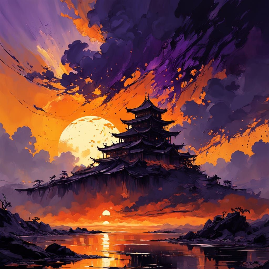Breathtaking Orange Sunset Sky in Fantasy Art Style
