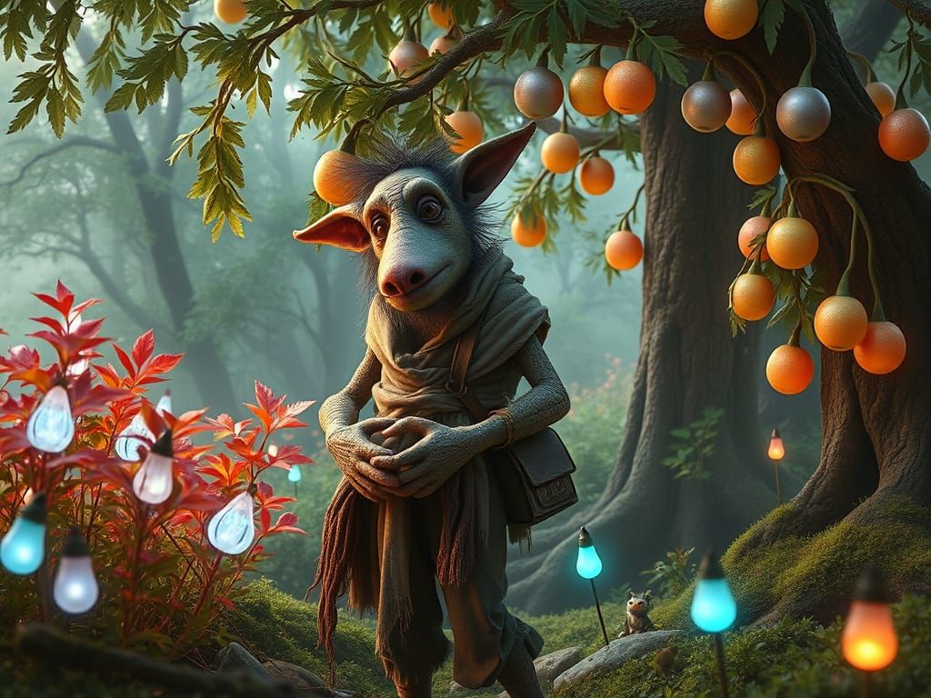 Magical Creature Harvests Glowing Fruit in Enchanted Grove