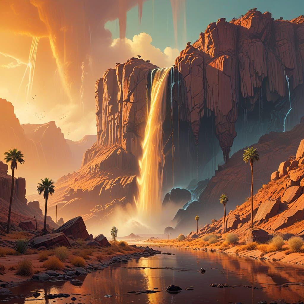Science Fiction Desert Waterfall in Acrylic Art Style