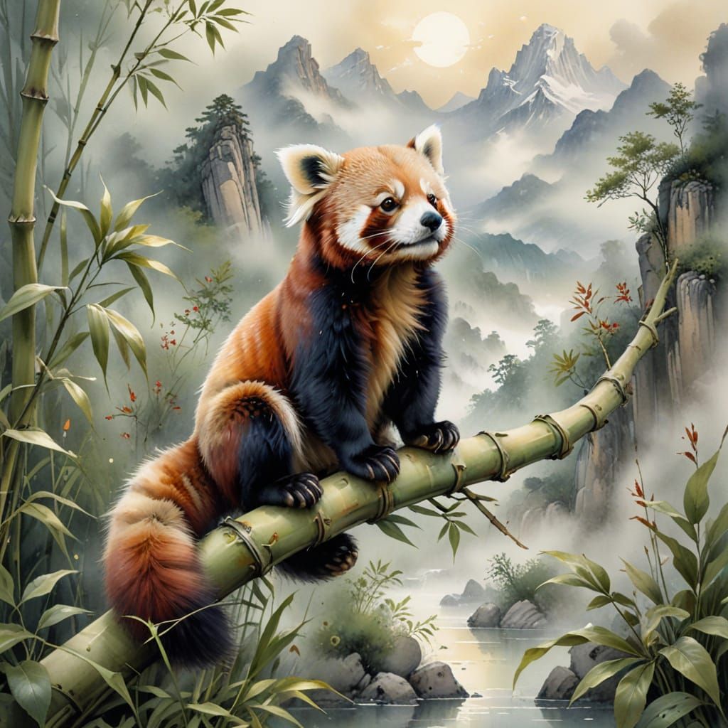 Adorable Red Panda in Serene Bamboo Forest