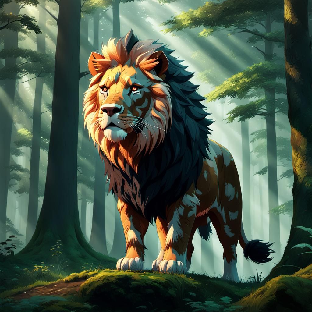 Half-Pig, Half-Lion in Misty Forest: Anime Art