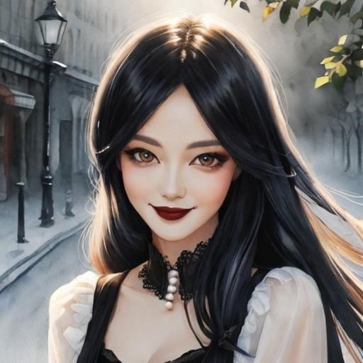 Goth Woman with Pearl Hair in Watercolor Style