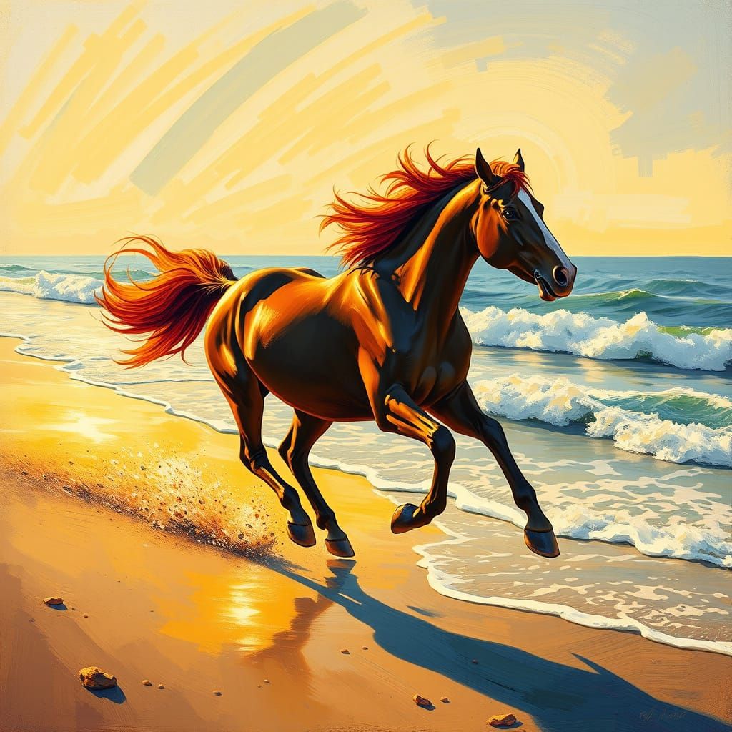 Elegant Stallion Gallops Along Sun-Kissed Beach