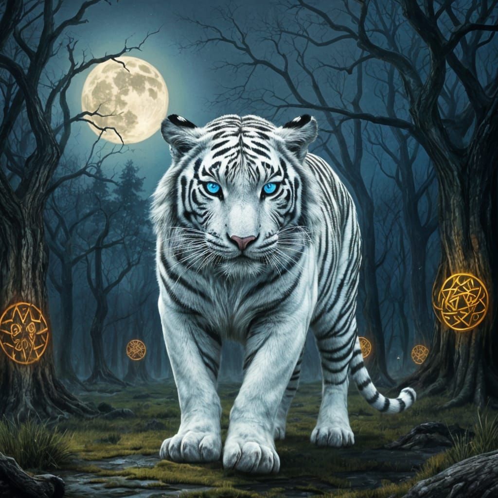 Majestic White Tiger in Celtic Fantasy Scene