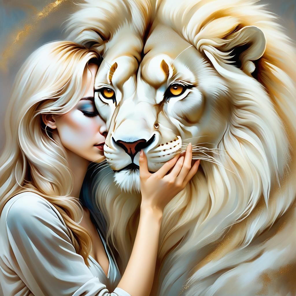 A woman tenderly pressing her forehead against a majestic wh...