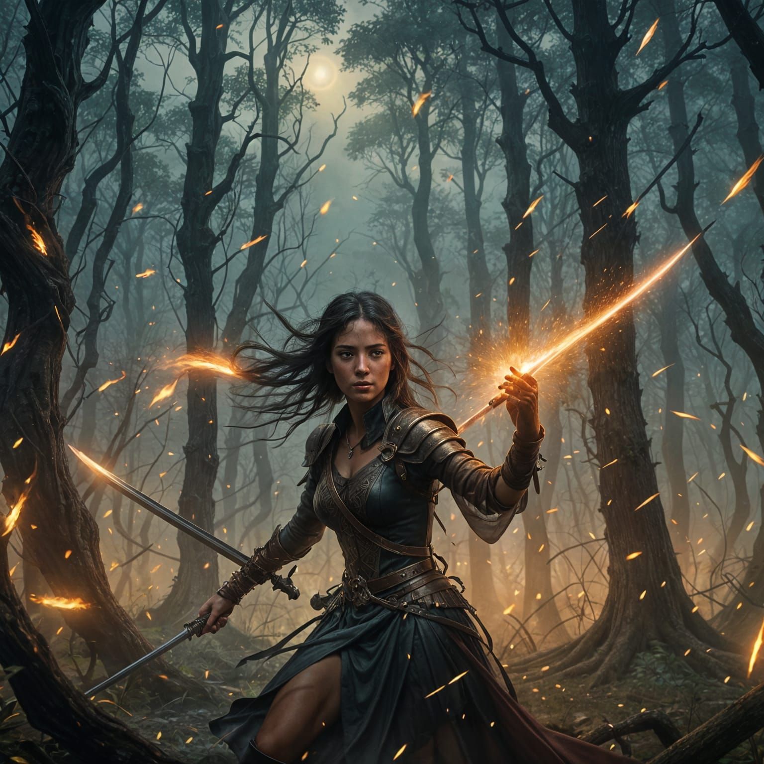 Fantasy Warrior Woman with Fireflies in Digital Art