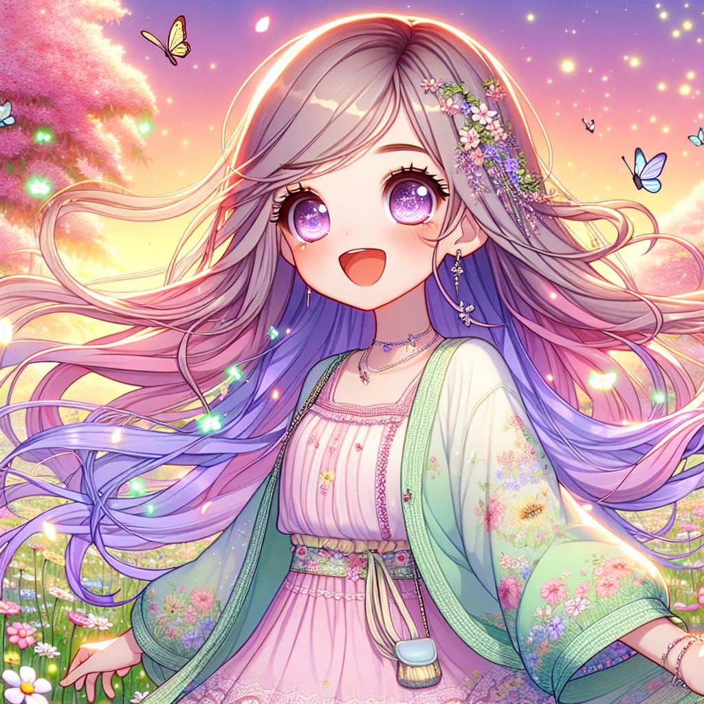 Joyful Girl in Anime Style Flower Field