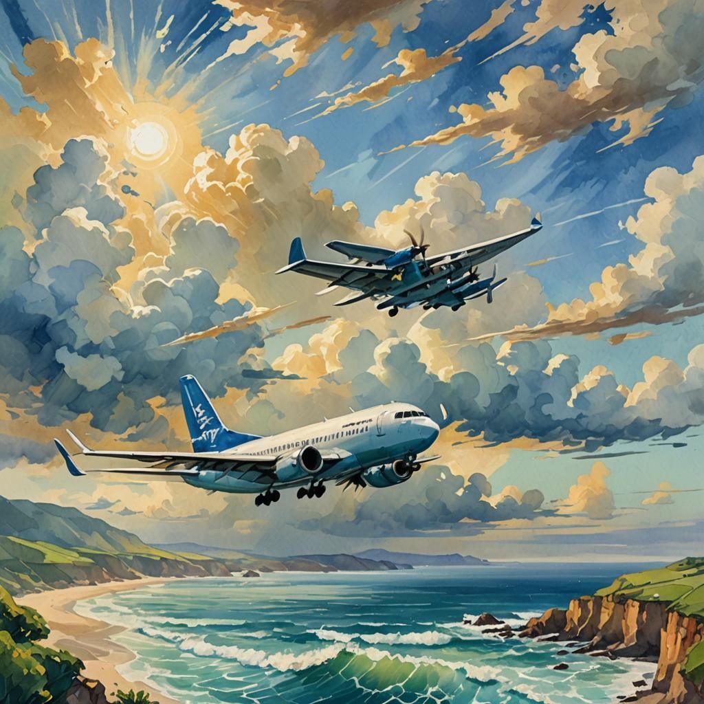 Coastal View Airplane in Gouache Style