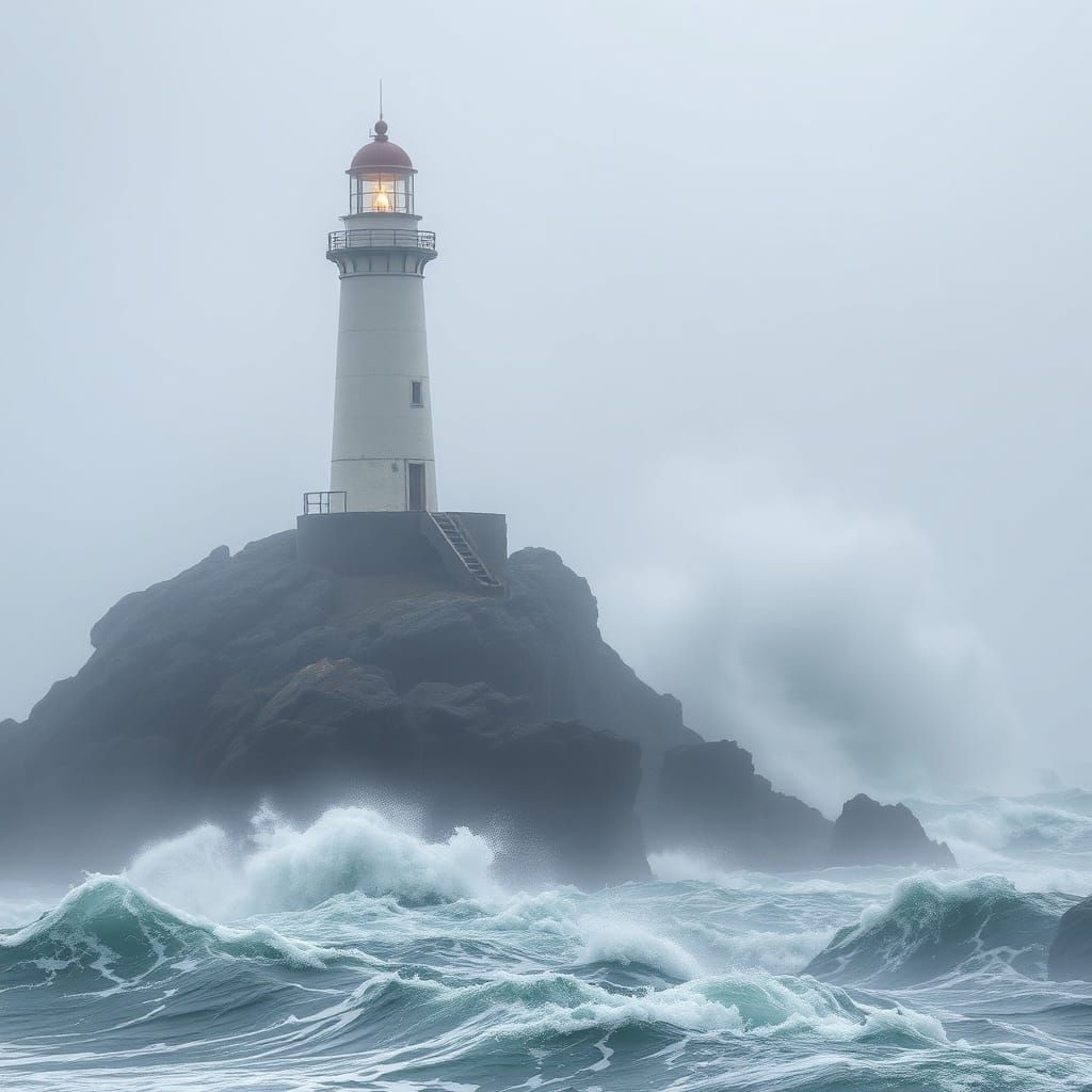 Misty Lighthouse in Tempestuous Sea