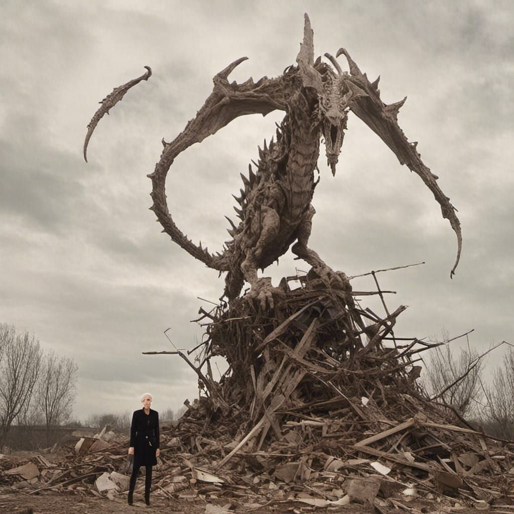 Warrior Battles Alien Dragon in Apocalypse Landscape