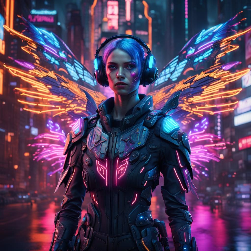 Cyberpunk Fairy with Neon Wings and Suit
