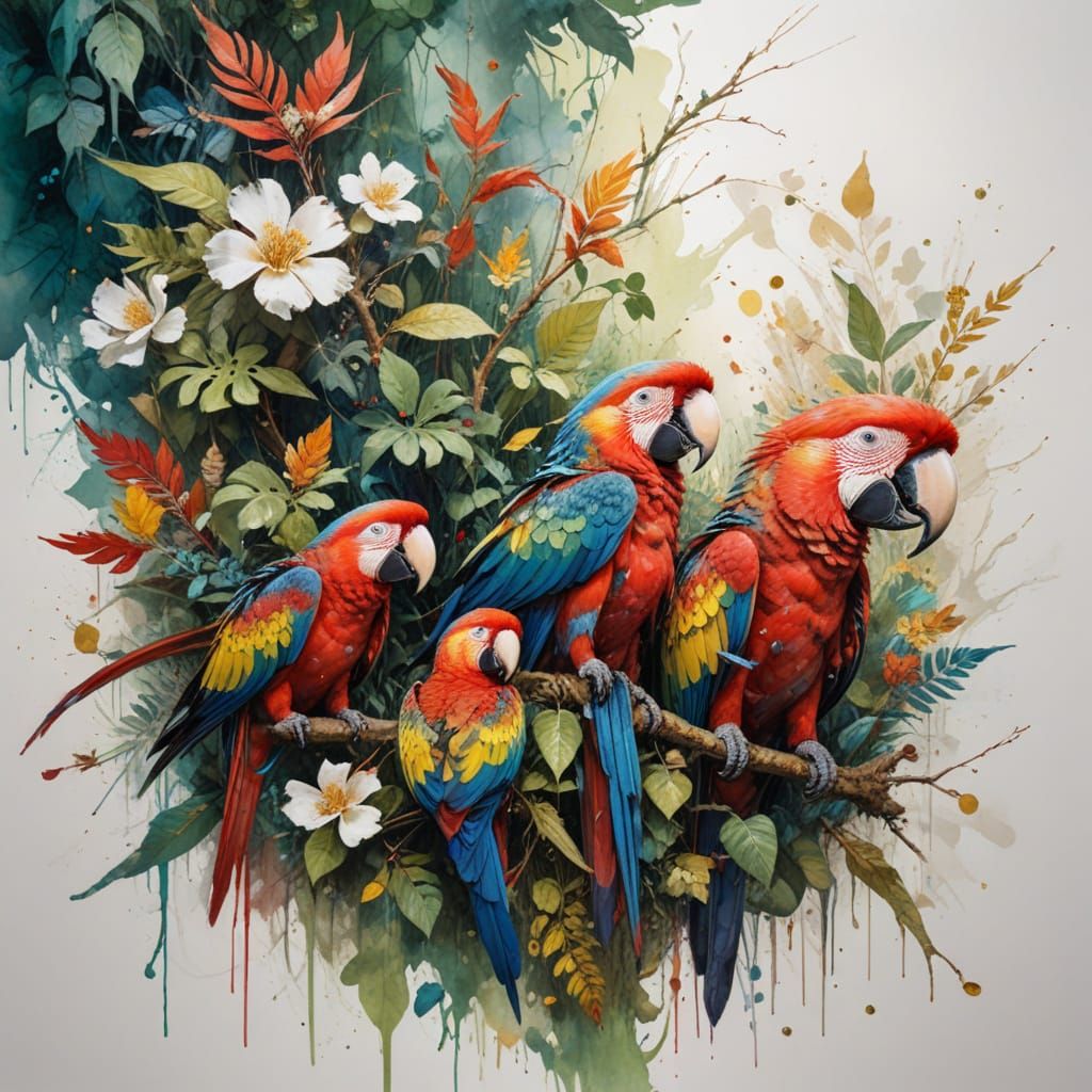 Scarlet Macaws in Lush Rainforest Canopy